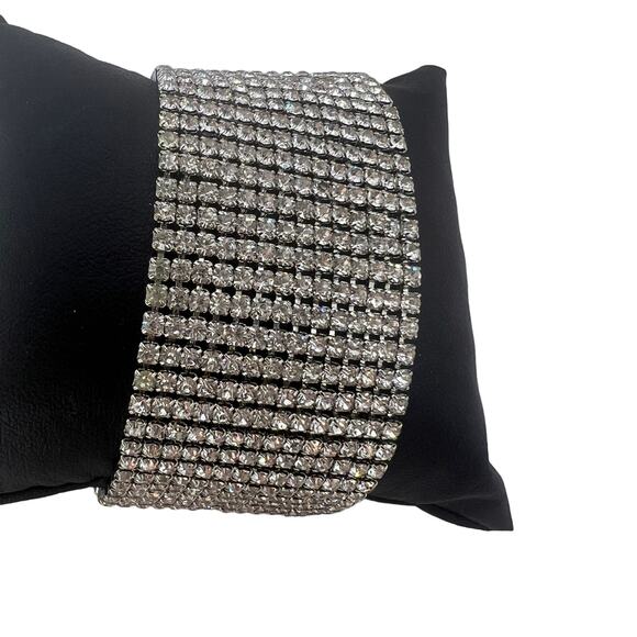Silver Tone Mesh Clear CZ Rhinestone Bracelet Formal Evening - Picture 5 of 10